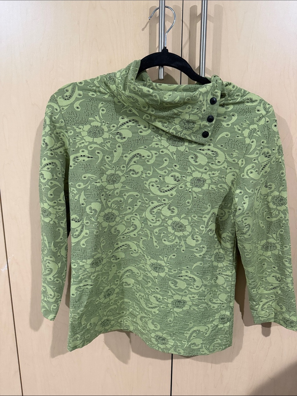 Light Green Patterned Cowl-Neck Sweater with Button Detail